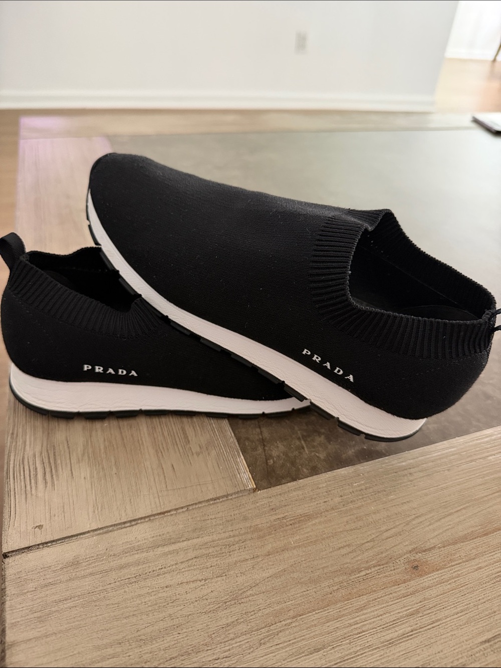 Prada Black Knit Slip-On Trainer with White Sole
